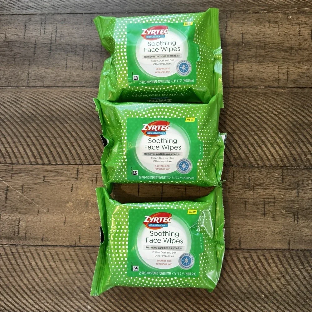 Zyrtec Soothing Non-Medicated Face Wipes 25 Count X3  (75 Total) New SHIPS FREE